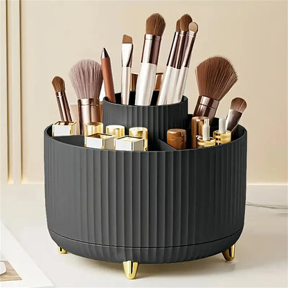Black cylindrical makeup organizer with brushes and containers on a light background