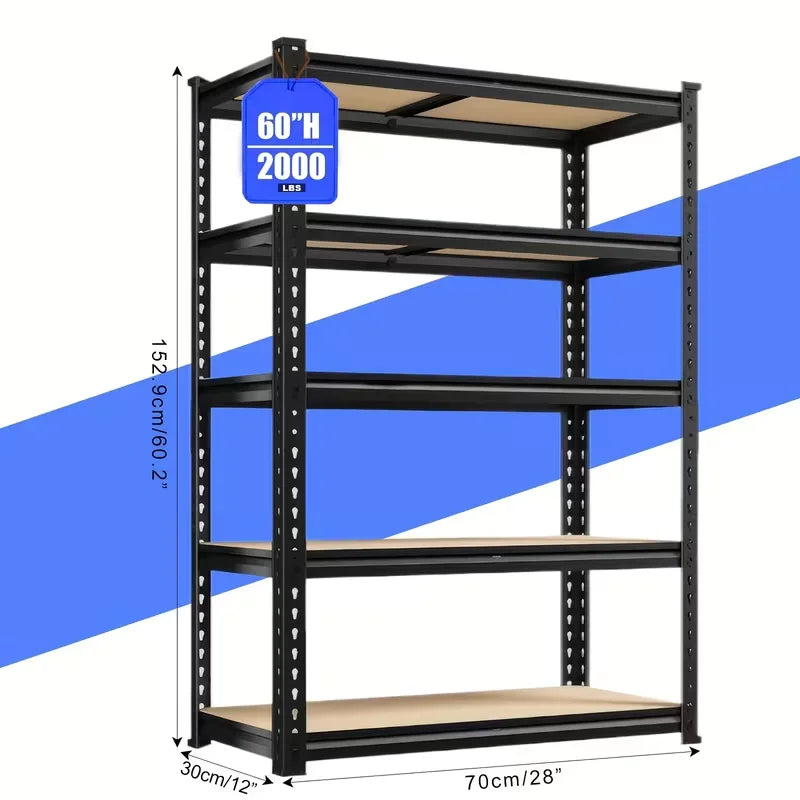 Black metal shelving unit with dimensions and weight capacity on a blue and white background