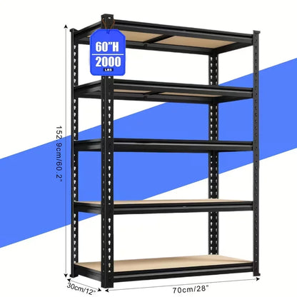 Black metal shelving unit with dimensions and weight capacity on a blue and white background