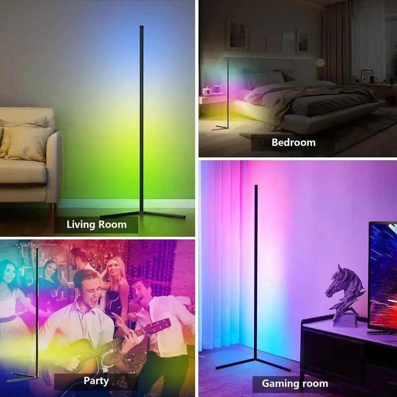 Collage of a standing lamp in different settings including living room, bedroom, party, and gaming room.