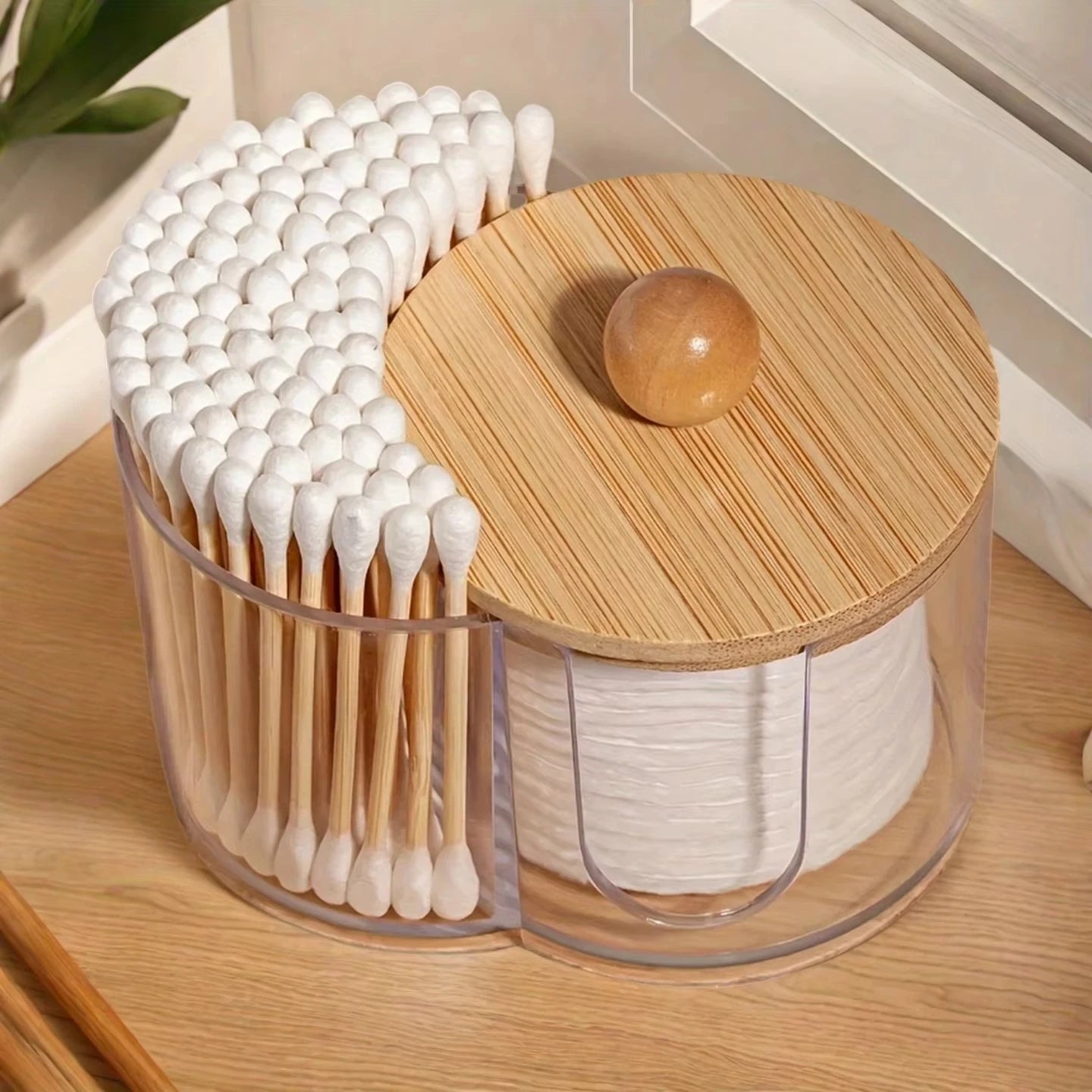 2-in-1 Cotton Swab and Cotton Ball Holder with Bamboo Lid, Clear Bathroom Organizer