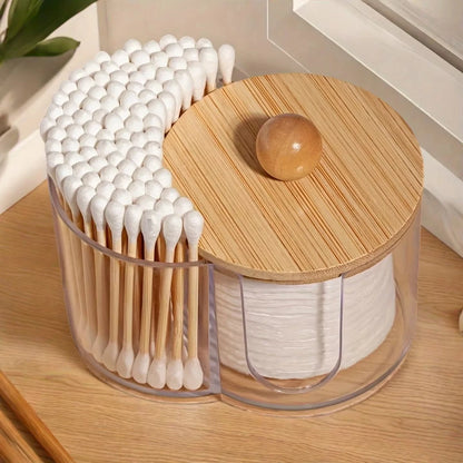 2-in-1 Cotton Swab and Cotton Ball Holder with Bamboo Lid, Clear Bathroom Organizer