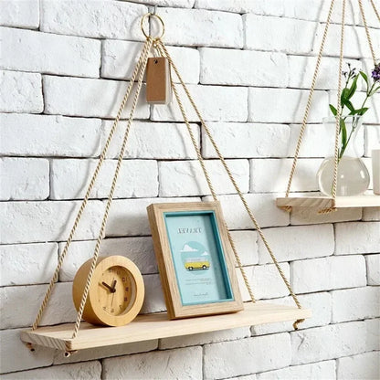 Wood Hanging Wall Shelf with Hemp Rope – Rustic Floating Display Shelf for Plants, Décor & Storage