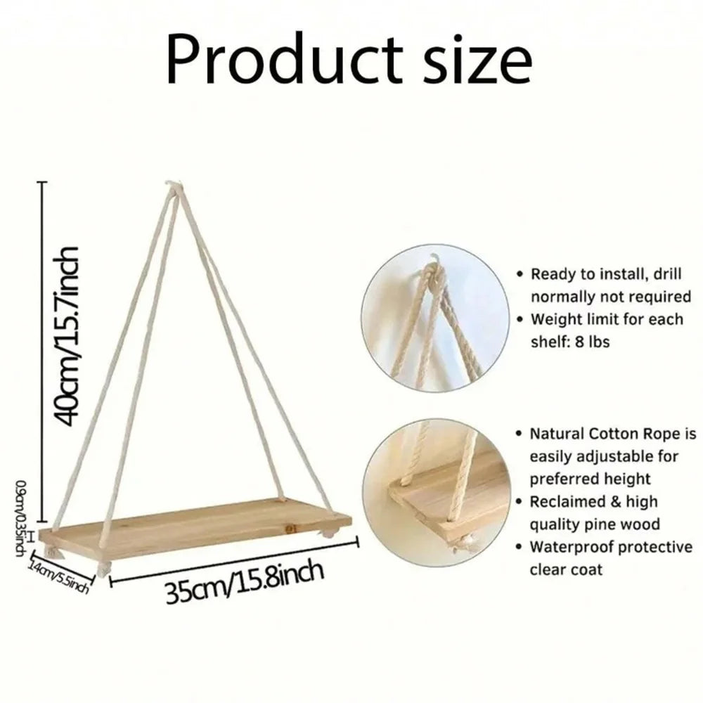 Wood Hanging Wall Shelf with Hemp Rope – Rustic Floating Display Shelf for Plants, Décor & Storage