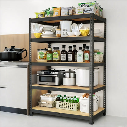 Kitchen shelving unit with various items including pots, pans, and kitchenware.
