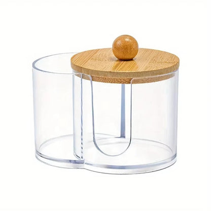 2-in-1 Cotton Swab and Cotton Ball Holder with Bamboo Lid, Clear Bathroom Organizer