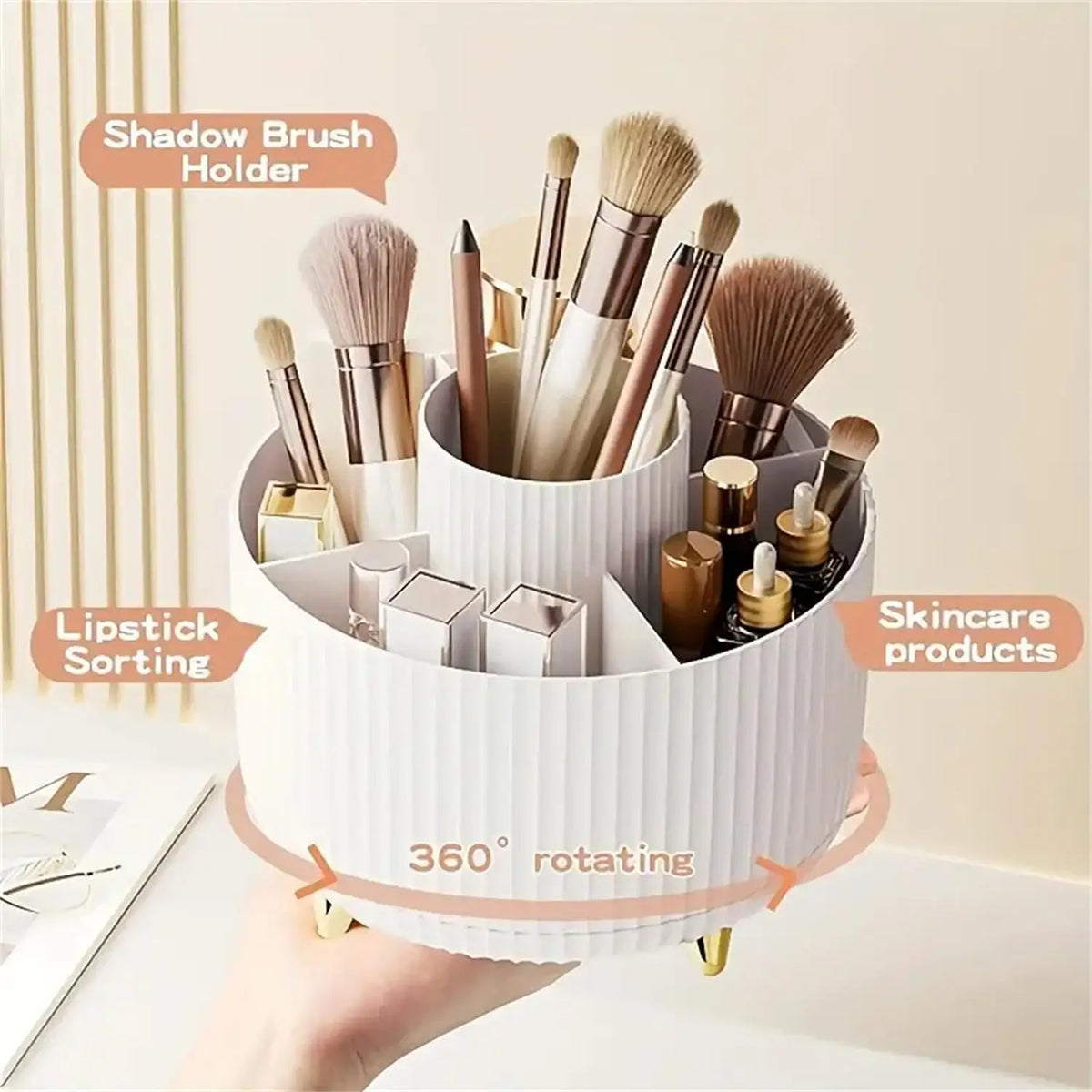 360-degree rotating organizer holding makeup brushes, lipsticks, and skincare products.