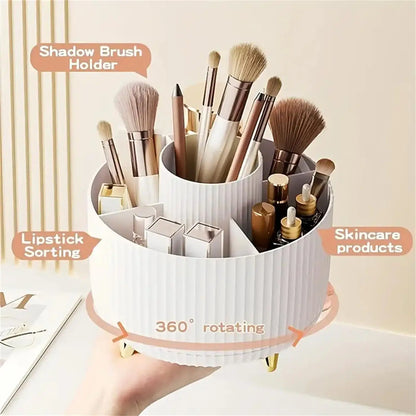 360-degree rotating organizer holding makeup brushes, lipsticks, and skincare products.