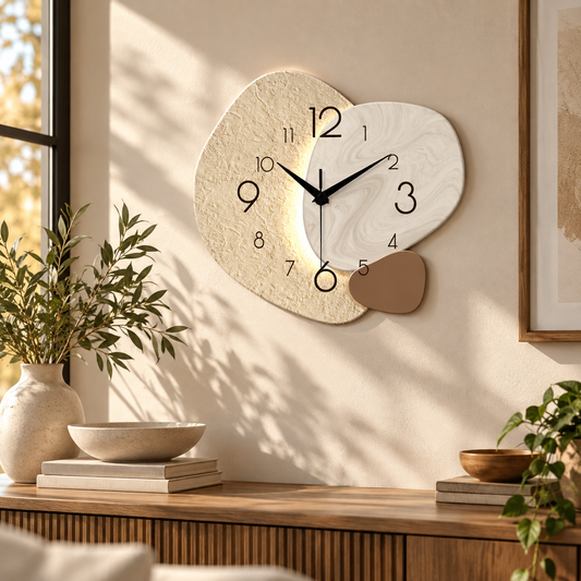 An organic-shaped wall clock with two overlapping stone-like faces in warm beige and cream tones, plus a small brown accent piece, mounted on a beige wall in a styled interior with plants and a wooden console below.
