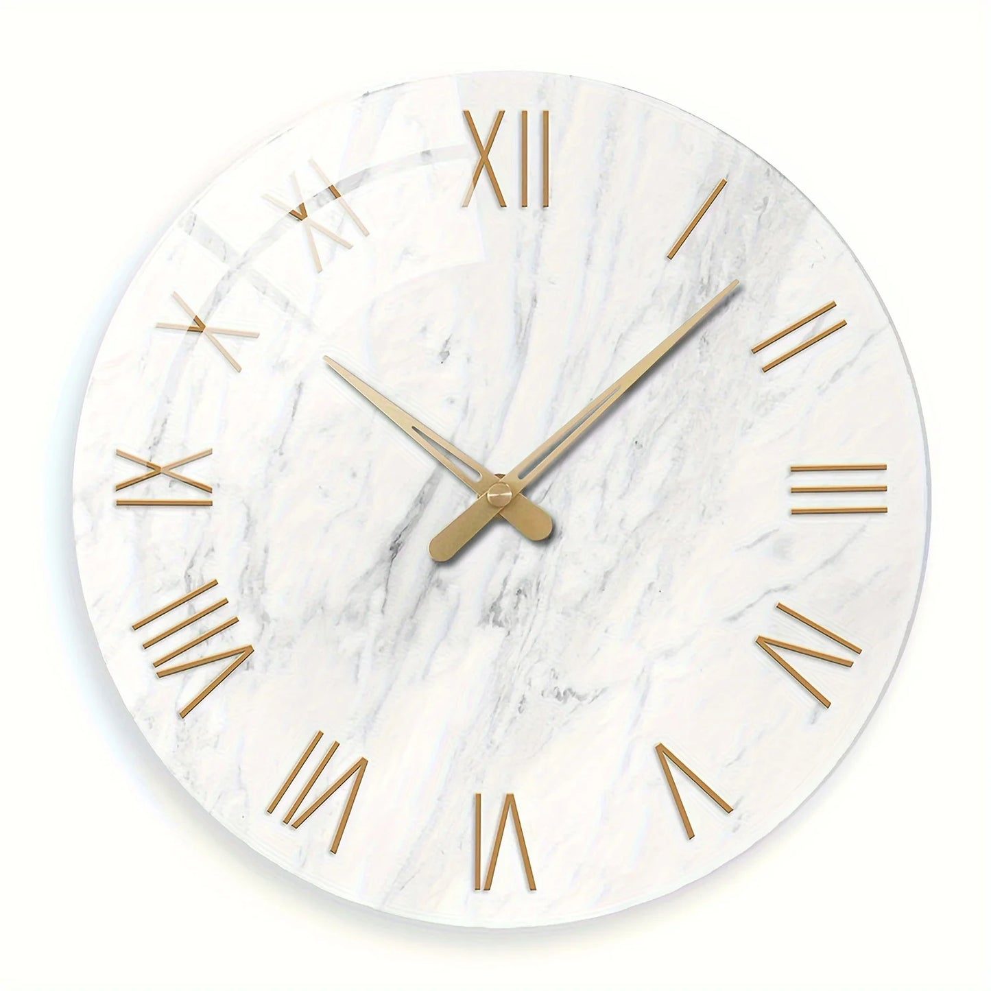 A round wall clock with a white marble pattern face, gold Roman numeral hour markers, and gold hands, shown against a plain white background.