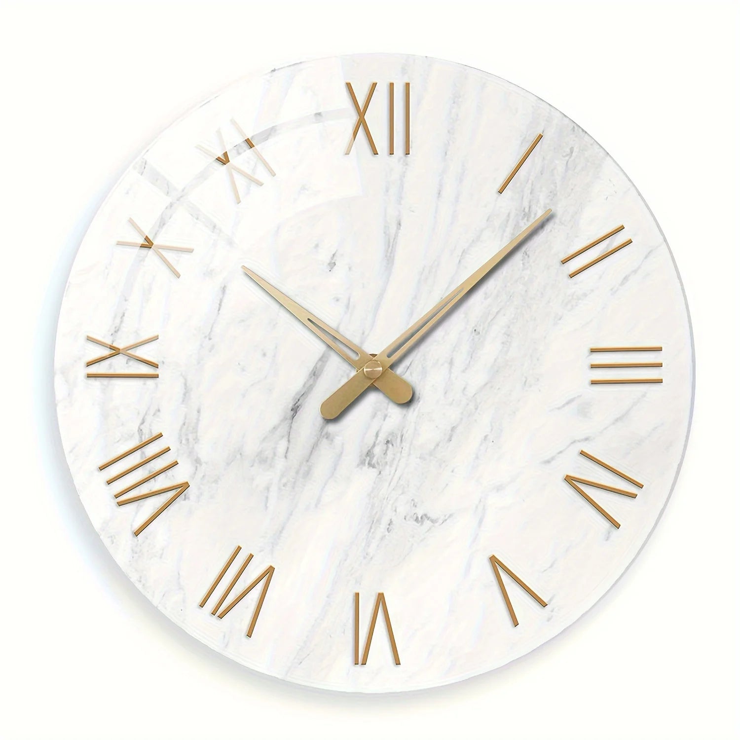 A round wall clock with a white marble pattern face, gold Roman numeral hour markers, and gold hands, shown against a plain white background.