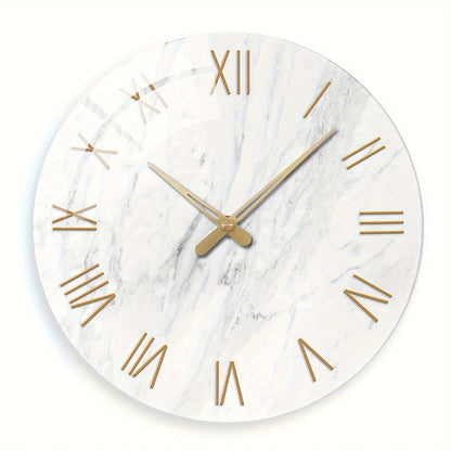 A round wall clock with a white marble pattern face, gold Roman numeral hour markers, and gold hands, shown against a plain white background.