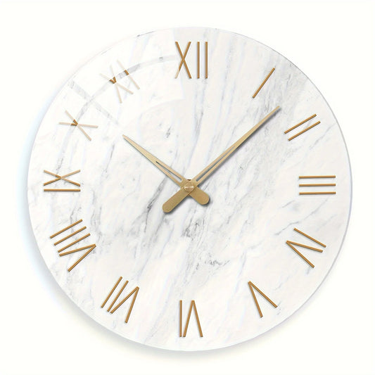 A round wall clock with a white marble pattern face, gold Roman numeral hour markers, and gold hands, shown against a plain white background.
