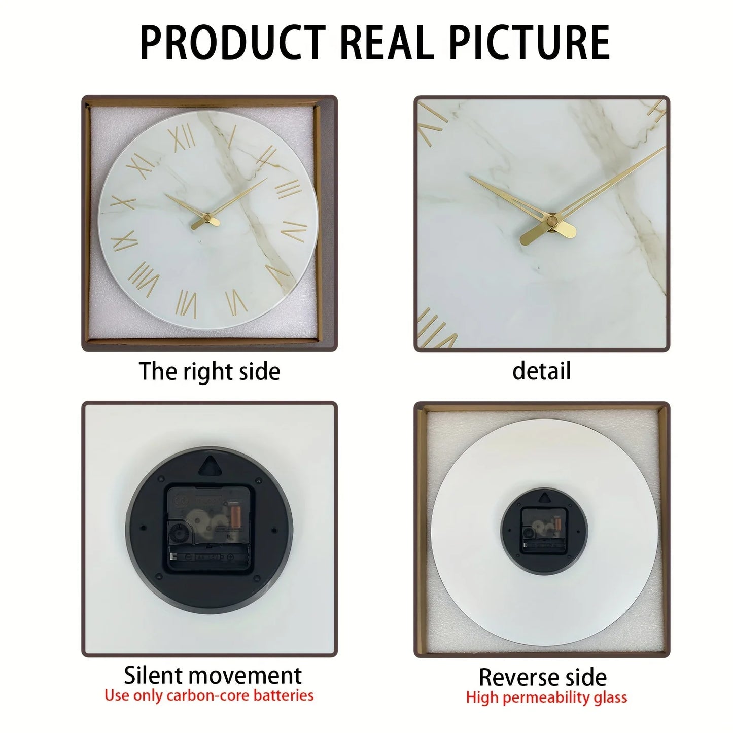 Wall clock with marble design and silent movement feature, shown from multiple angles.