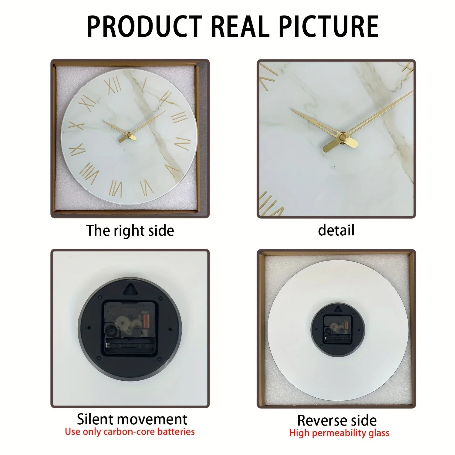 Wall clock with marble design and silent movement feature, shown from multiple angles.