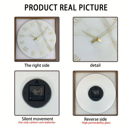 Wall clock with marble design and silent movement feature, shown from multiple angles.