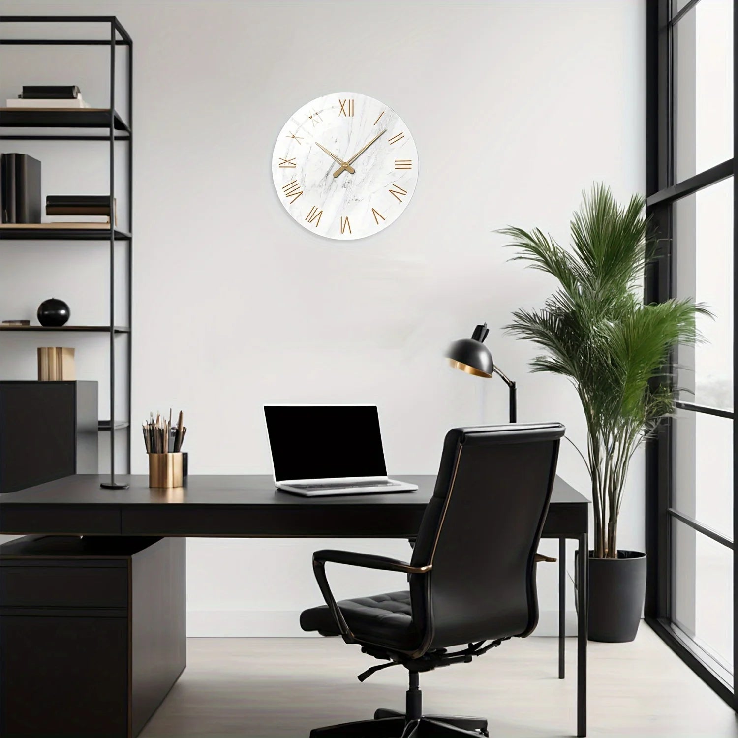 Modern office setup with a desk, chair, laptop, and decorative clock on the wall.