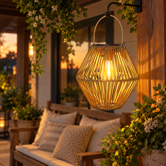 Outdoor Solar Hanging Lantern – Woven Boho Garden & Patio Light