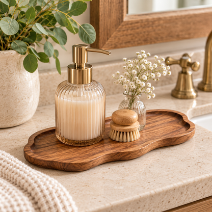 Natural Wood-Style Decorative Tray – Bathroom Vanity & Countertop Organizer