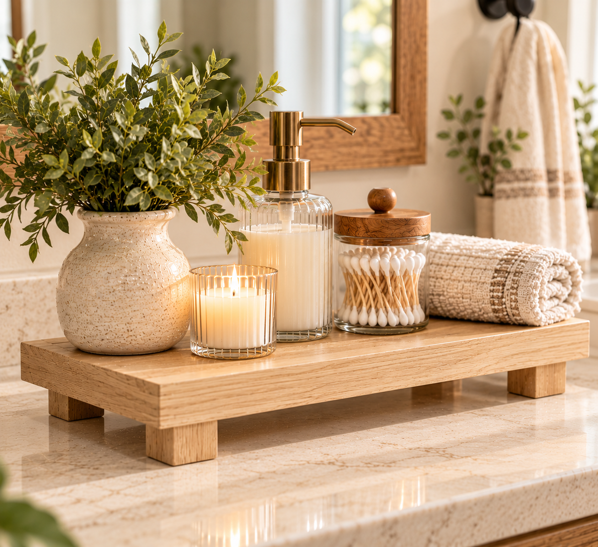 Wooden Pedestal Display Tray – Rustic Bathroom Vanity & Countertop Déco