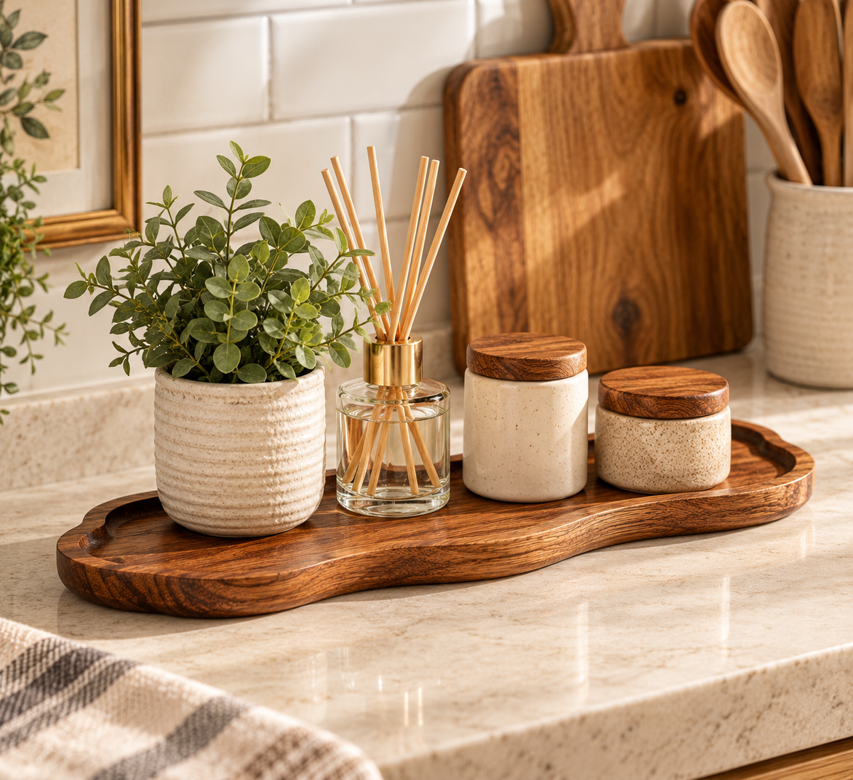 Natural Wood-Style Decorative Tray – Bathroom Vanity & Countertop Organizer
