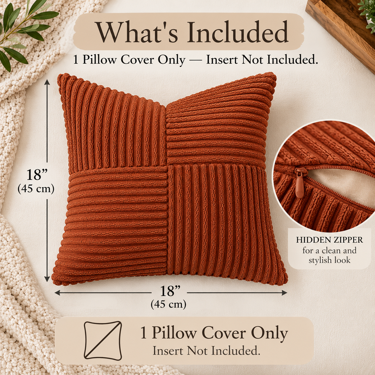 Textured Corduroy Patchwork Throw Pillow Cover – 18 x 18 Inch