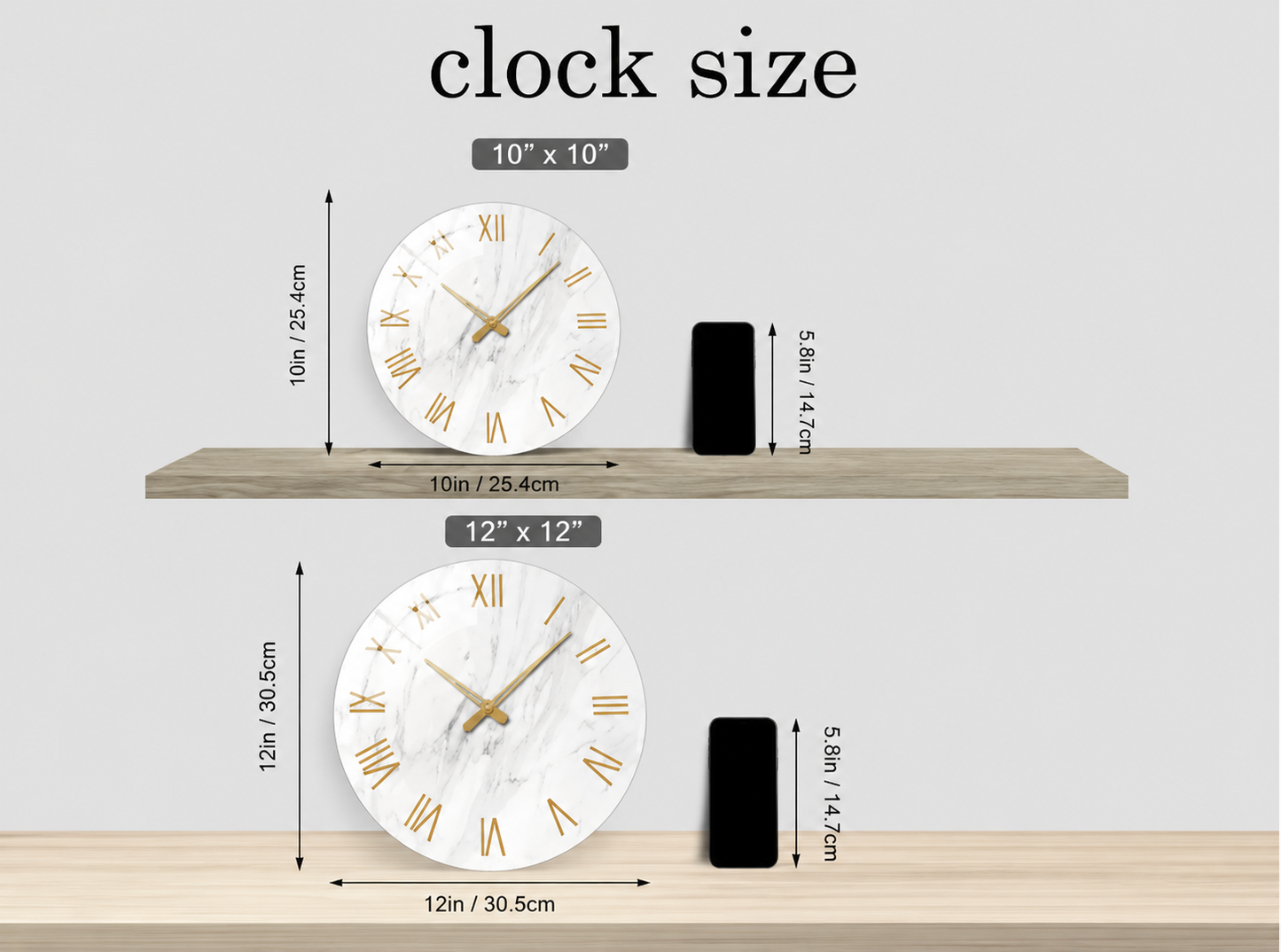 Size comparison graphic showing two wall clocks on wooden shelves with dimensions labeled: a 10 x 10 inch clock and a 12 x 12 inch clock, alongside a black smartphone for scale, on a light gray background.