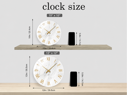 Size comparison graphic showing two wall clocks on wooden shelves with dimensions labeled: a 10 x 10 inch clock and a 12 x 12 inch clock, alongside a black smartphone for scale, on a light gray background.