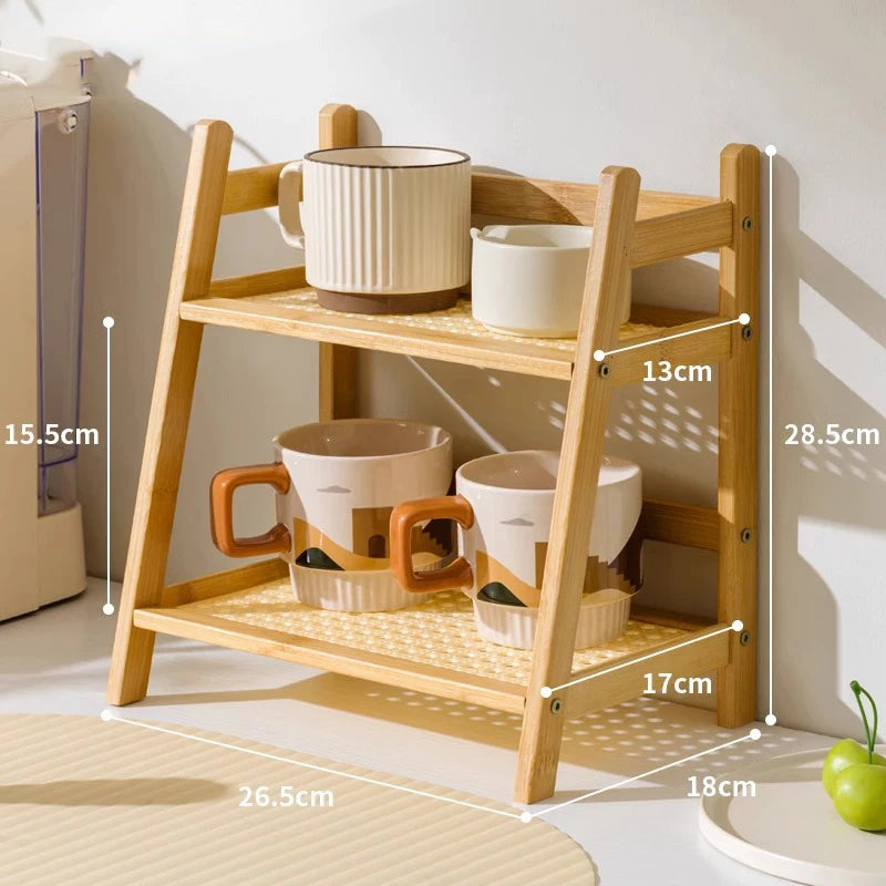 Wooden shelf with kitchen items and measurements in a room setting