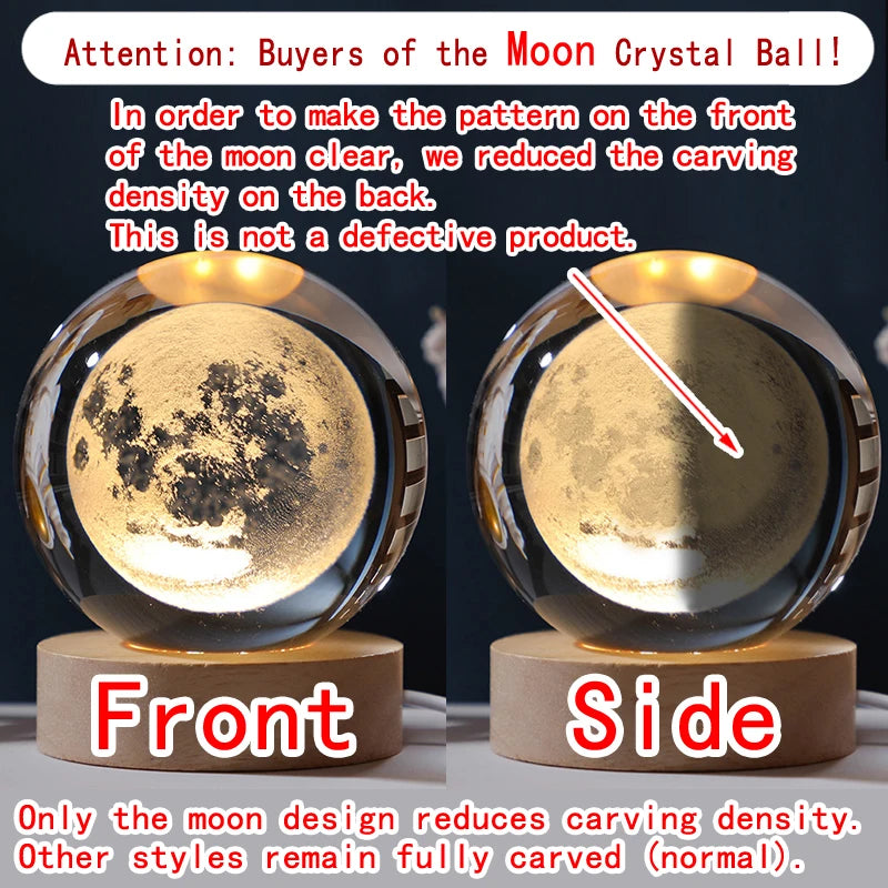 Moon crystal ball with front and side views showing reduced carving density on the back.