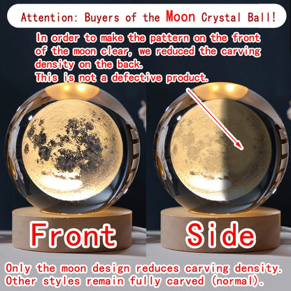 Moon crystal ball with front and side views showing reduced carving density on the back.