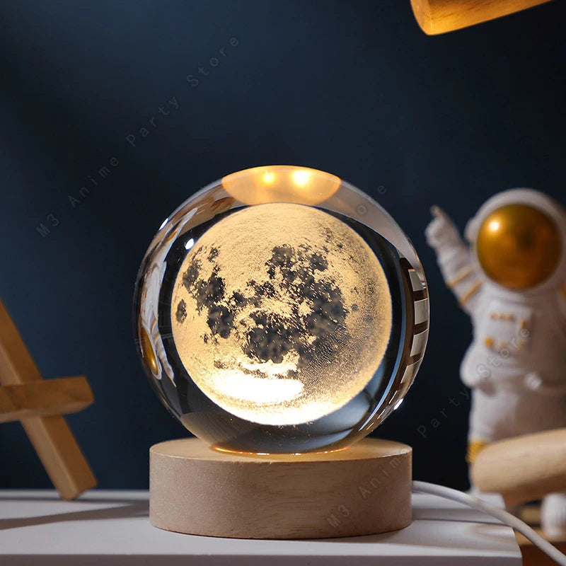 Moon-shaped lamp on a wooden base with an astronaut figure in the background