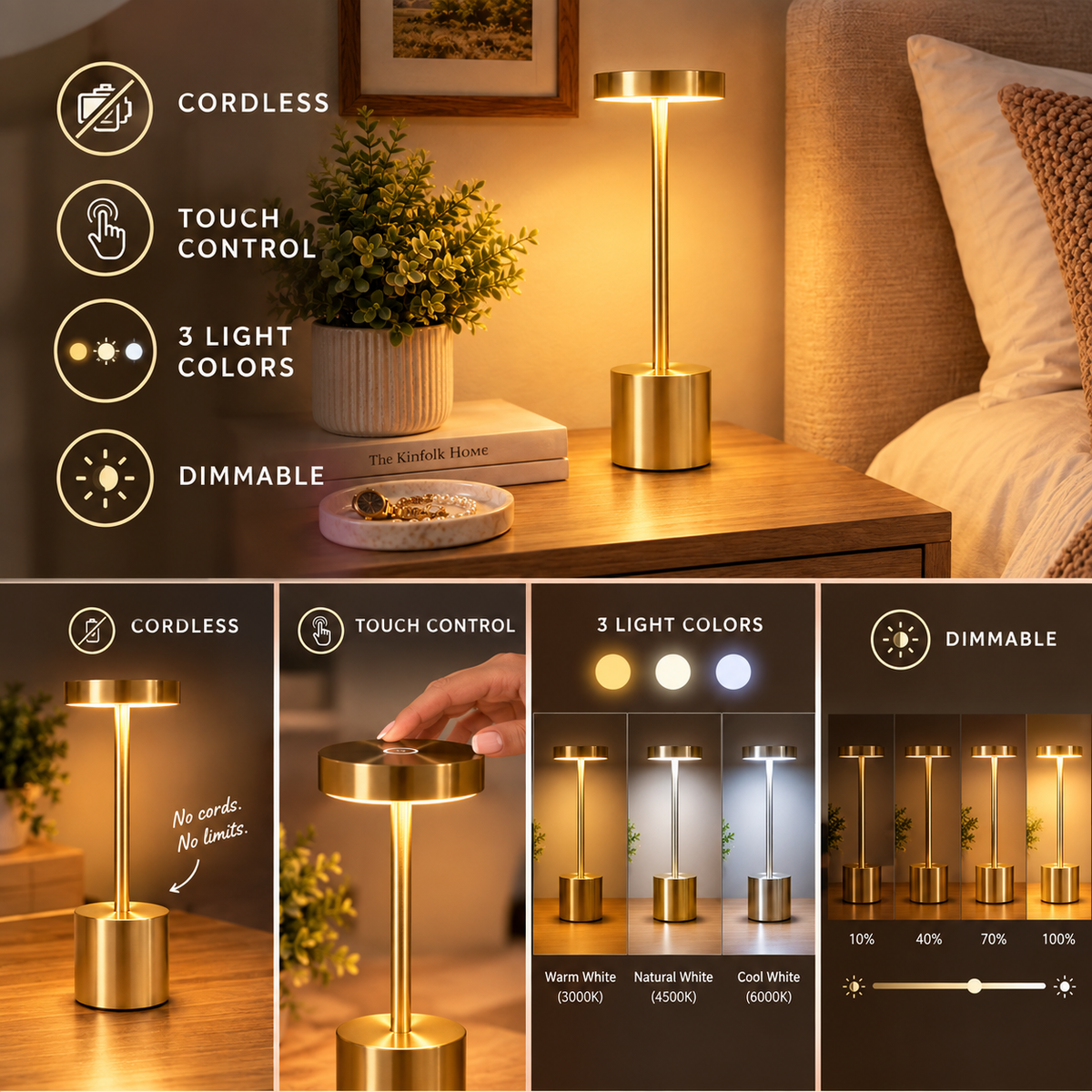 Showing the touch control and the dimmable setting