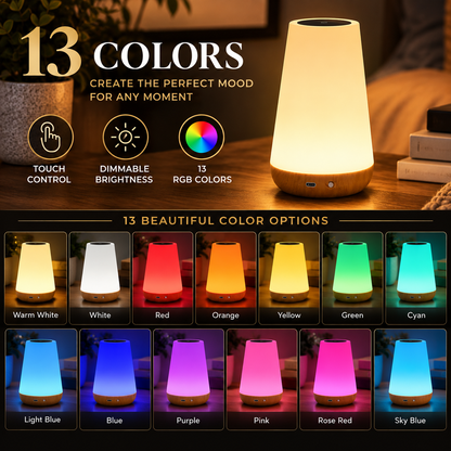 Rechargeable RGB Touch Table Lamp – 13-Color Dimmable Bedside Light