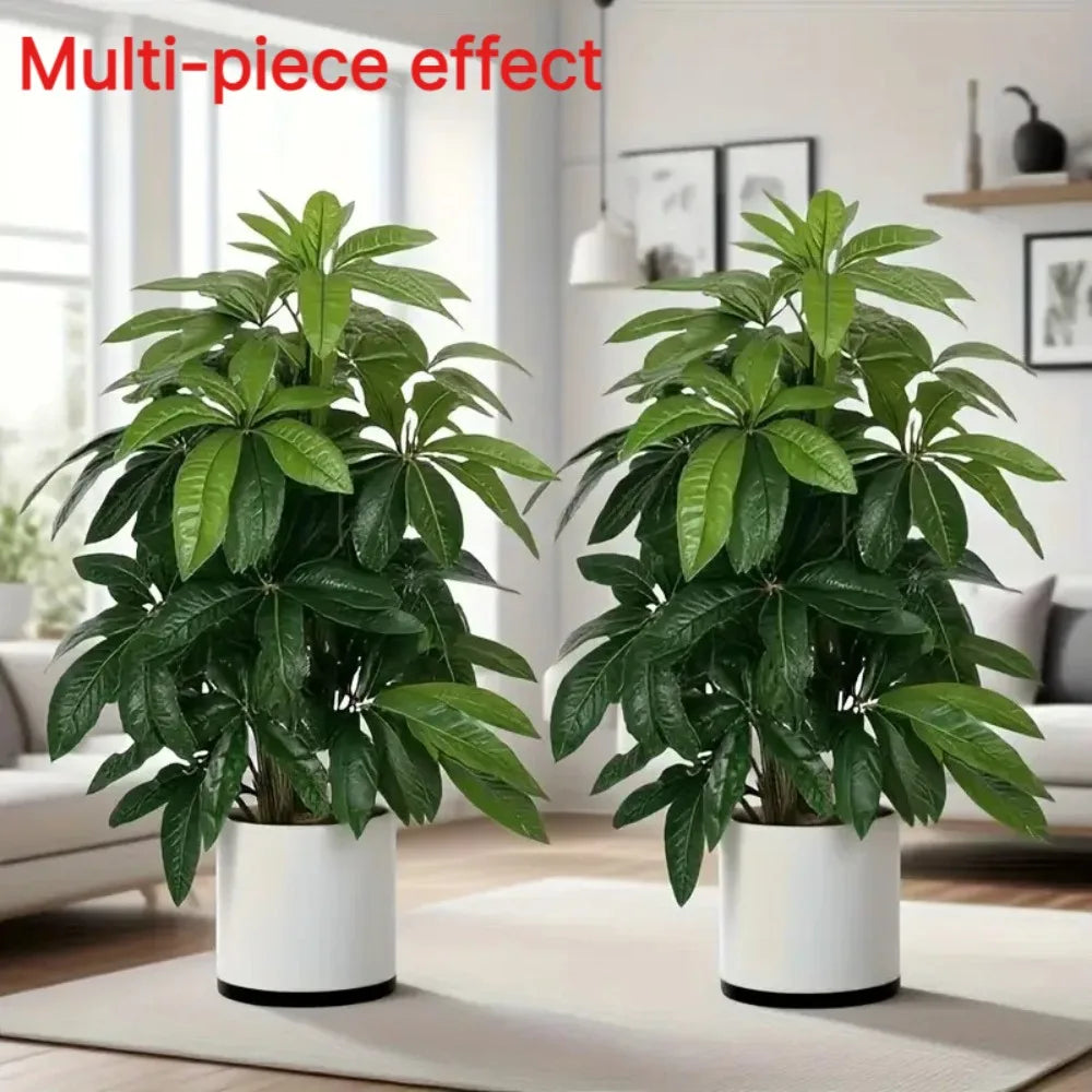 Two potted green leafy houseplants shown in a bright living room setting, with the text 'Multi-piece effect' in red at the top left.