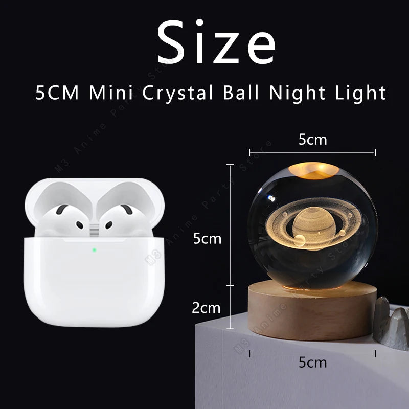 5CM Mini Crystal Ball Night Light with dimensions shown next to a white wireless earbuds case.