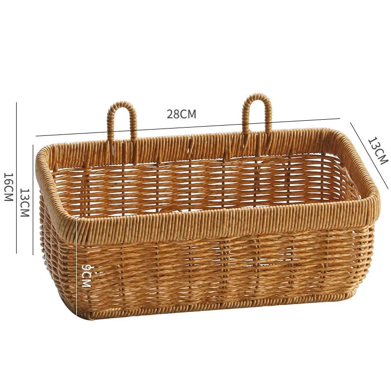Wicker basket with handles and dimensions on a white background