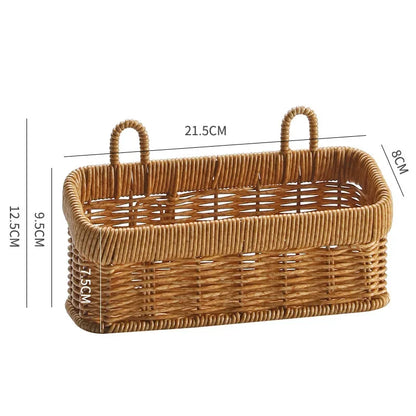 Wicker basket with handles and dimensions on a white background